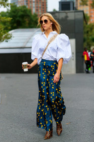 animal print, balenciaga, beige bag, blue pants, brown boots, earrings, floral, flowers, graphic pants, graphic shoes, headphones, high heels, leather shoes, printed pants, printed shoes, silk pants, snake print, sunglasses, trousers, white shirt, street style, jonathan paciullo, FW, frenchystyle, fashion week, NEW YORK, NYFW, SPRING SUMMER 2020, SS 20, vertical, full length