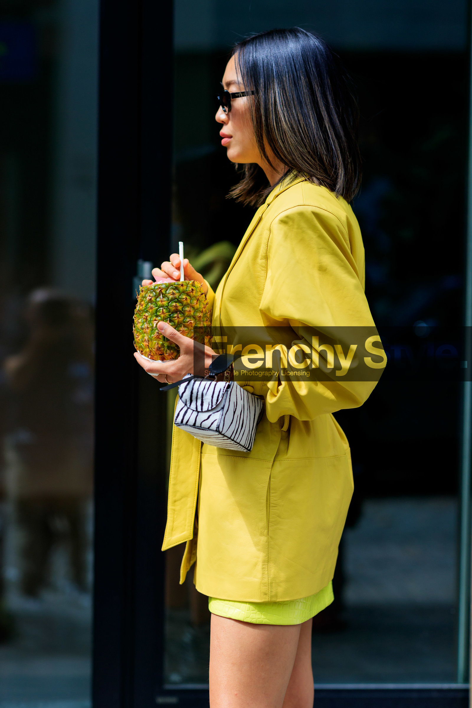 aimee song, animal print, black and white bag, graphic bag, leather bag, leather jacket, printed bag, sunglasses, white bag, yellow jacket, zebra, street style, jonathan paciullo, FW, frenchystyle, fashion week, NEW YORK, NYFW, SPRING SUMMER 2020, SS 20, vertical, detail, atmosphere details