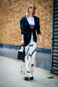 black bag, black jacket, black shoes, blazer, graphic dress, jacquemus, leather bag, leather shoes, long skirt, printed dress, printed skirt, sunglasses, white skirt, white t shirt, zimmerman, street style, jonathan paciullo, FW, frenchystyle, fashion week, NYFW, NEW YORK, AUTUMN WINTER 2018-2019, AW 18-19, FALL WINTER 2018-2019, FW 18-19, vertical, full length, kerry pieri