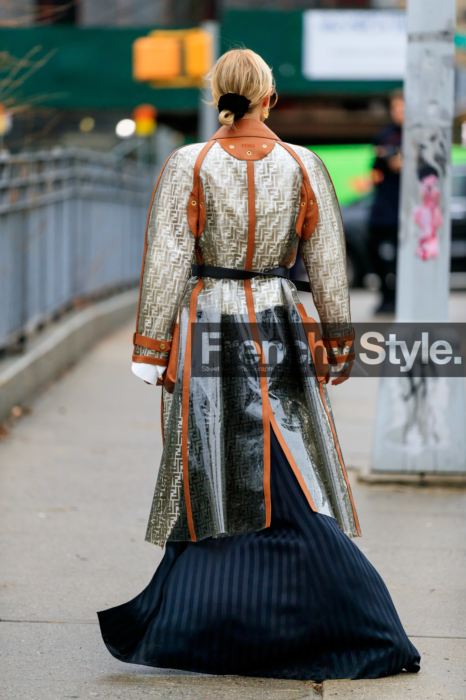 black skirt, fendi, graphic jacket, graphic skirt, leonie hanne, monogram, printed jacket, printed skirt, transparent coat, transparent jacket, trench coat, street style, jonathan paciullo, frenchystyle, NYFW, NEW YORK, AUTUMN WINTER 2019-2020, AW 19-20, FALL WINTER 2019-2020, FW 19-20, fashion week, FW, vertical, full length