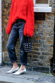 AUTUMN WINTER 2017-2018, AW 17-18, black bag, black denim, denim pants, detail, FALL WINTER 2017-2018, fashion week, frenchystyle, FW, FW 17-18, high heels, jeans, jonathan paciullo, leather bag, leather shoes, LFW, LONDON, oversize, red sweater, shiny shoes, silver shoes, street style, studs, trousers, vertical