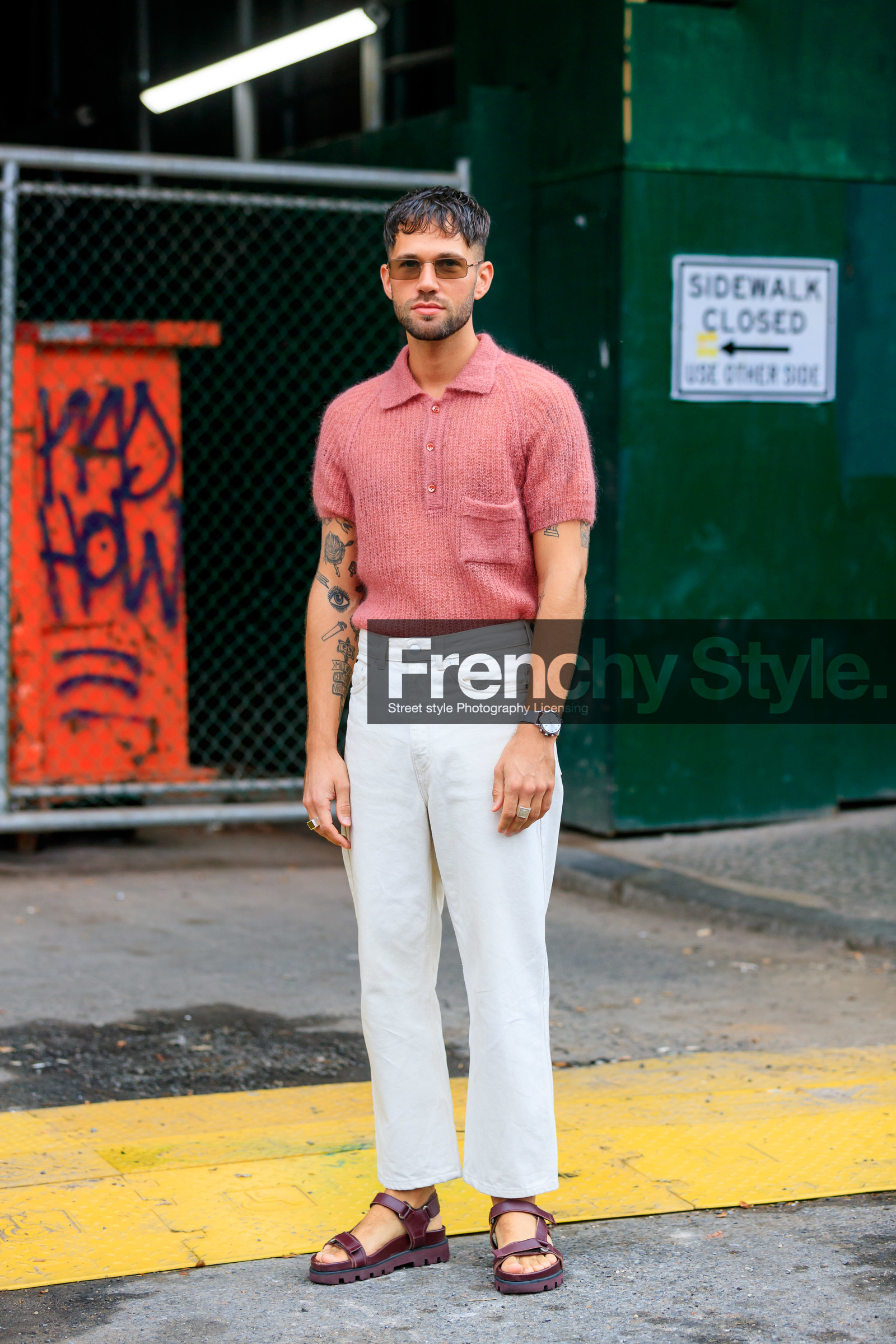 alice & j.s, brown sandals, denim pants, jeans, JS roques, leather shoes, pink sweater, polo sweater, sunglasses, tattoos, trousers, watch, white denim, street style, jonathan paciullo, FW, frenchystyle, fashion week, NEW YORK, NYFW, SPRING SUMMER 2020, SS 20, vertical, full length