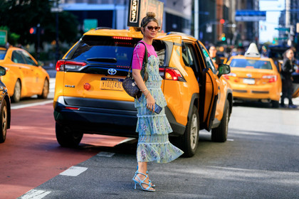 blue dress, blue shoes, brown bag, bun, floral, flowers, graphic bag, graphic dress, high heels, leather bag, leather shoes, louis vuitton, monogram, pink top, printed bag, printed dress, ruffles, sunglasses, thassia naves, fashion week, frenchystyle, FW, jonathan paciullo, street style, NEW YORK, NYFW, SPRING SUMMER 2020, SS 20, horizontal, atmosphere details, full length