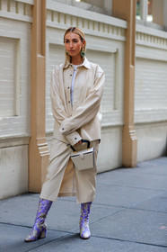beige bag, beige jacket, beige skirt, brocard boots, earrings, graphic shoes, high boots, high heels, leather bag, leather jacket, leather shoes, leather skirt, necklace, printed shoes, purple boots, silver shoes, white bag, white t shirt, street style, jonathan paciullo, FW, frenchystyle, fashion week, NEW YORK, NYFW, SPRING SUMMER 2020, SS 20, vertical, full length