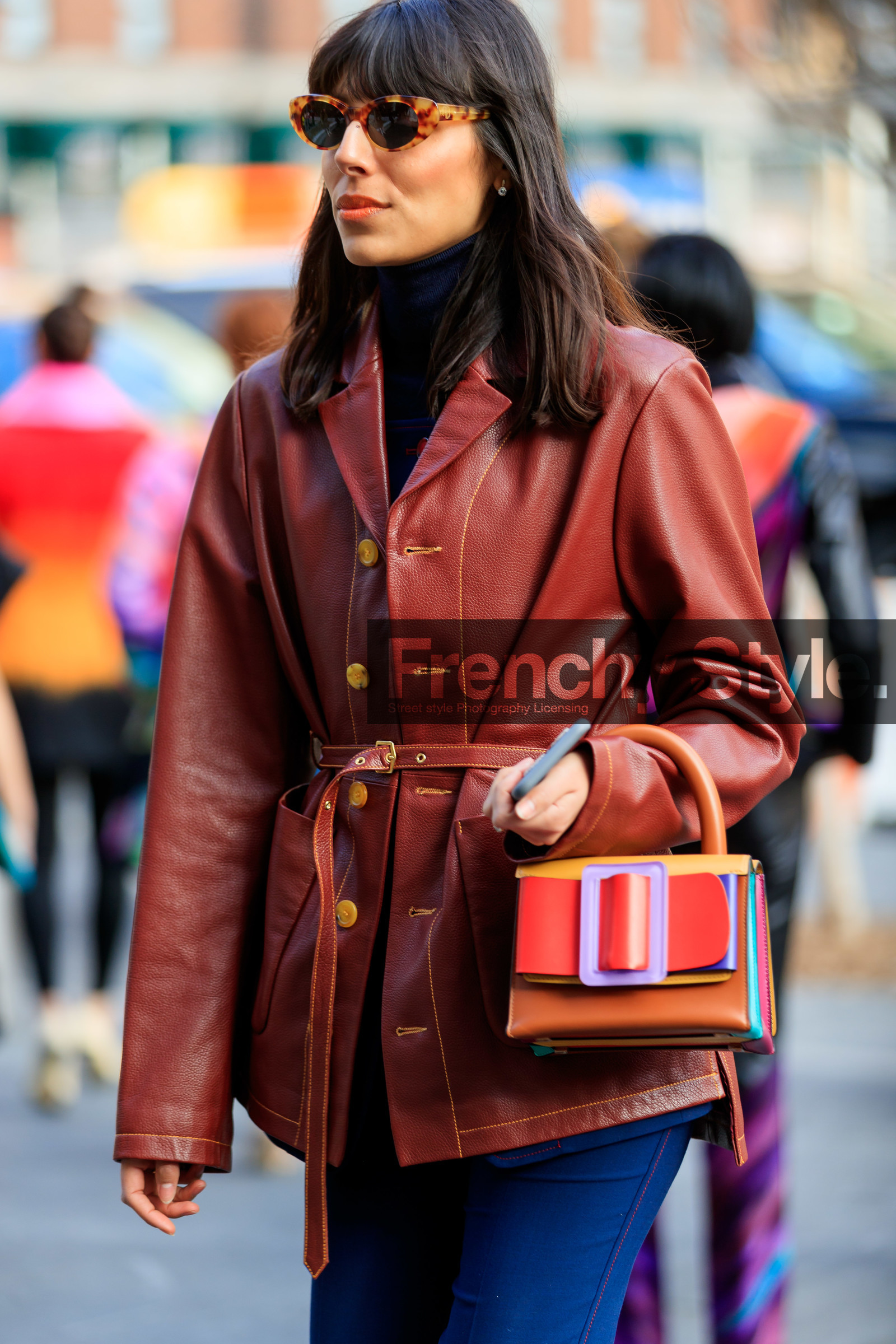 boyy bag, red leather jacket, belted jacket, red leather bag, orange leather bag, yellow leather bag, blue leather bag, scale sunglasses, multicolor bag, big buckle bag, hand bag, fashion week, frenchystyle, FW, jonathan paciullo, street style, NYFW, NEW YORK, AUTUMN WINTER 2020-2021, FALL WINTER 2020-2021, FW 20-21, vertical, detail, atmosphere details