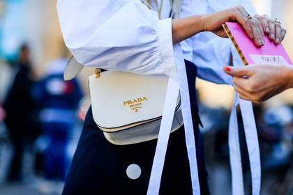 atmosphere details, black and white, detail, fashion week, frenchystyle, FW, horizontal, jonathan paciullo, kate foley, leather bag, navy skirt, PARIS, PFW, prada, SPRING SUMMER 2017, SS 17, street style, white bag, white shirt