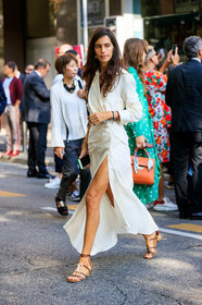 chiara totire, white dress, wrap dress, drape dress, low necked dress, mid long sleeves dress, lucky charm bracelet, lucky charm necklace, long dress, split dress, multi straps sandals, golden sandals, animal skin sandals, kitten heels sandals, golden heels, fashion week, frenchystyle, FW, jonathan paciullo, street style, vertical, full length, MFW, MILAN, SPRING SUMMER 2020, SS 20