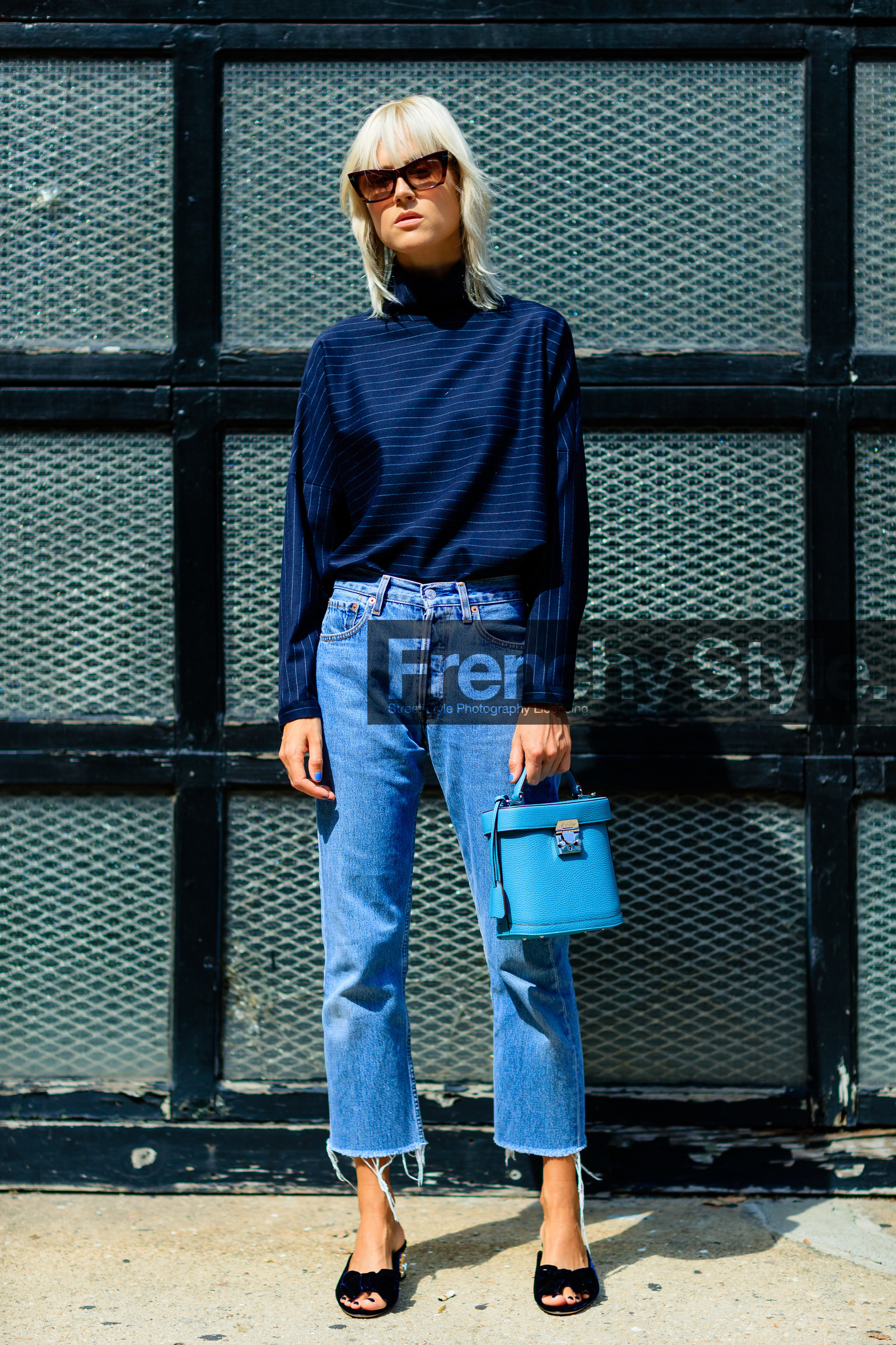 black sandals, blue bag, blue denim, blue sweater, denim pants, fashion week, frenchystyle, full length, FW, jeans, jonathan paciullo, leather bag, linda tol, NEW YORK, NYFW, SPRING SUMMER 2017, SS 17, street style, sunglasses, trousers, turquoise, turtleneck sweater, vertical, woman