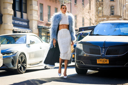 white stilettos, furry pastel blue trench coat, bottega veneta cream bag, knitted midi white skirt, knitted white cropped top, Alina Baikova, fashion week, frenchystyle, FW, jonathan paciullo, street style, NYFW, NEW YORK, AUTUMN WINTER 2022-2023, FALL WINTER 2022_2023, FW 22-23, atmosphere details, horizontal, full length
