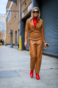 brown jumpsuit, high heels, leather jumpsuit, leather shoes, red boots, red sweater, sunglasses, trousers, street style, jonathan paciullo, FW, frenchystyle, fashion week, NYFW, NEW YORK, AUTUMN WINTER 2018-2019, AW 18-19, FALL WINTER 2018-2019, FW 18-19, vertical, full length, avery blanchard, camille charriere