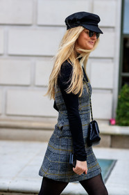 black bag, black hat, black sweater, chanel handbag, checked, grey dress, leather bag, plaid, sunglasses, tights, street style, jonathan paciullo, FW, frenchystyle, fashion week, LFW, LONDON, AUTUMN WINTER 2018-2019, AW 18-19, FALL WINTER 2018-2019, FW 18-19, vertical, atmosphere details, detail, Holly Russell