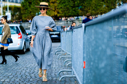 atmosphere details, fashion week, frenchystyle, full length, FW, grey jumpsuit, horizontal, jonathan paciullo, leather shoes, nude sandals, PARIS, PFW, SPRING SUMMER 2017, SS 17, straw hat, street style, sunglasses, trousers