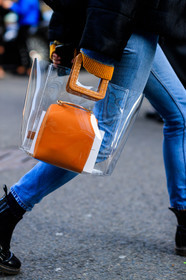 black jacket, black shoes, blue denim, brown bag, denim pants, graphic bag, jeans, leather bag, leather shoes, transparent bag, trousers, varnished leather shoes, fashion week, frenchystyle, FW, jonathan paciullo, street style, LFW, LONDON, AUTUMN WINTER 2018-2019, AW 18-19, FALL WINTER 2018-2019, FW 18-19, vertical, atmosphere details, detail