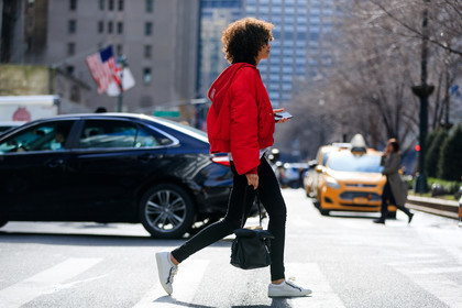 black bag, black denim, bomber jacket, denim pants, jeans, leather bag, leather shoes, loewe, red jacket, trousers, white sneakers, street style, jonathan paciullo, FW, frenchystyle, fashion week, NYFW, NEW YORK, AUTUMN WINTER 2018-2019, AW 18-19, FALL WINTER 2018-2019, FW 18-19, atmosphere details, horizontal, full length, model