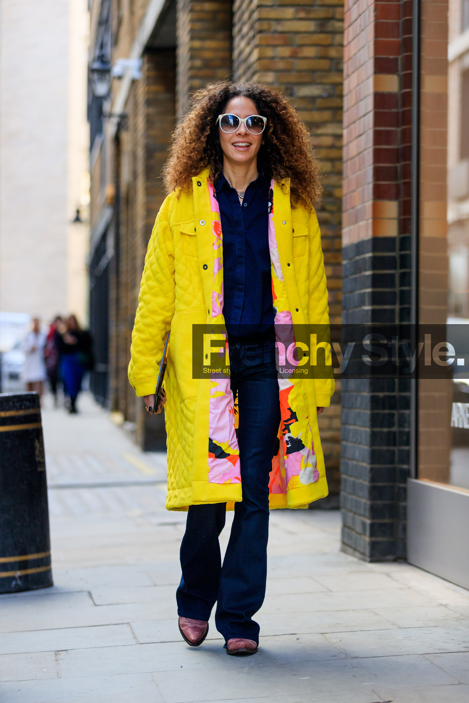 blue denim, denim pants, denim shirt, high heels, jeans, leather shoes, pink shoes, sunglasses, trousers, yellow coat, street style, jonathan paciullo, FW, frenchystyle, fashion week, LFW, LONDON, AUTUMN WINTER 2018-2019, AW 18-19, FALL WINTER 2018-2019, FW 18-19, vertical, full length