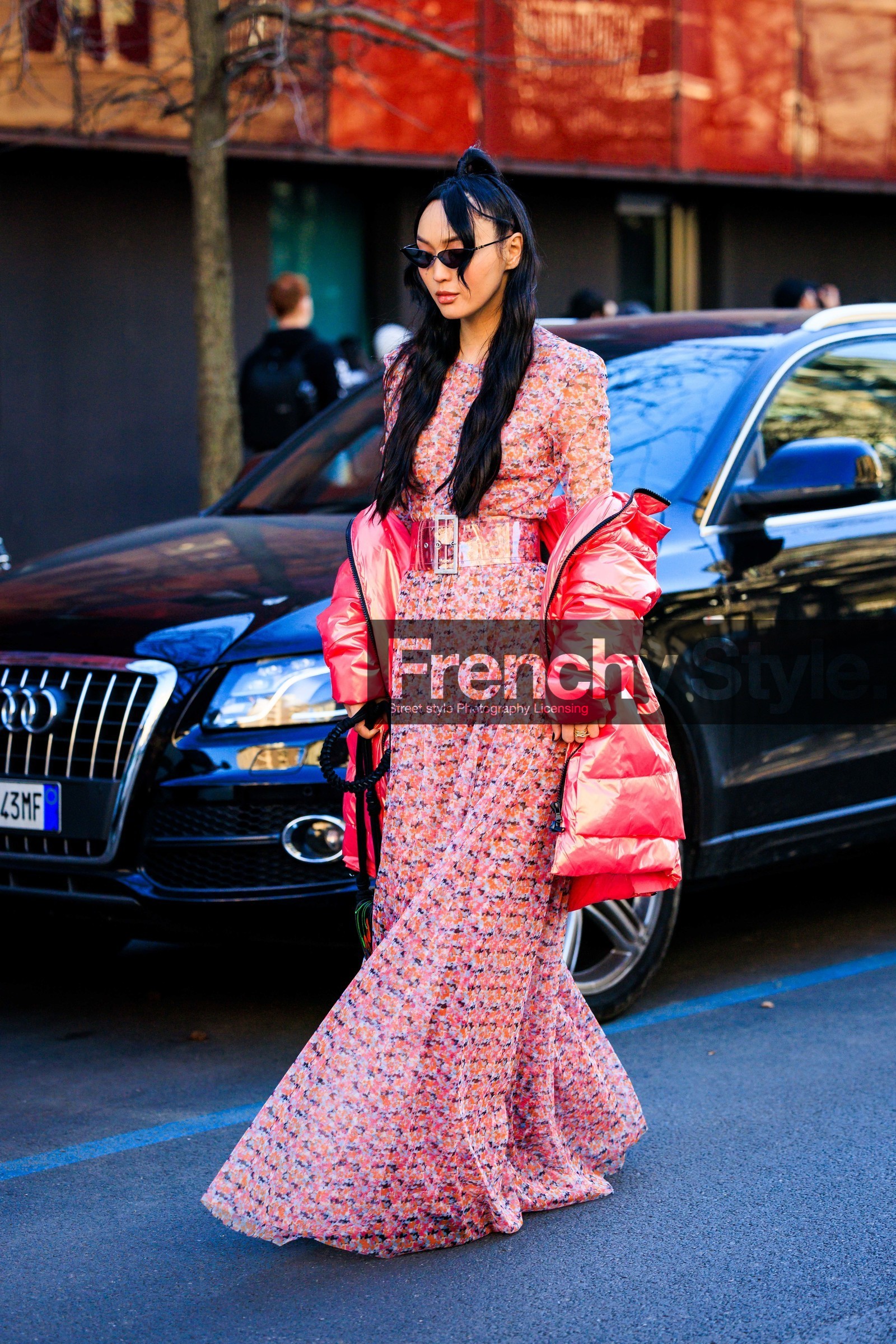 black sunglasses, long dress, printed dress, multicolor dress, flowered dress, red dress, shiny red jacket, puffed jacket, transparent belt, fashion week, frenchystyle, FW, jonathan paciullo, street style, vertical, full length