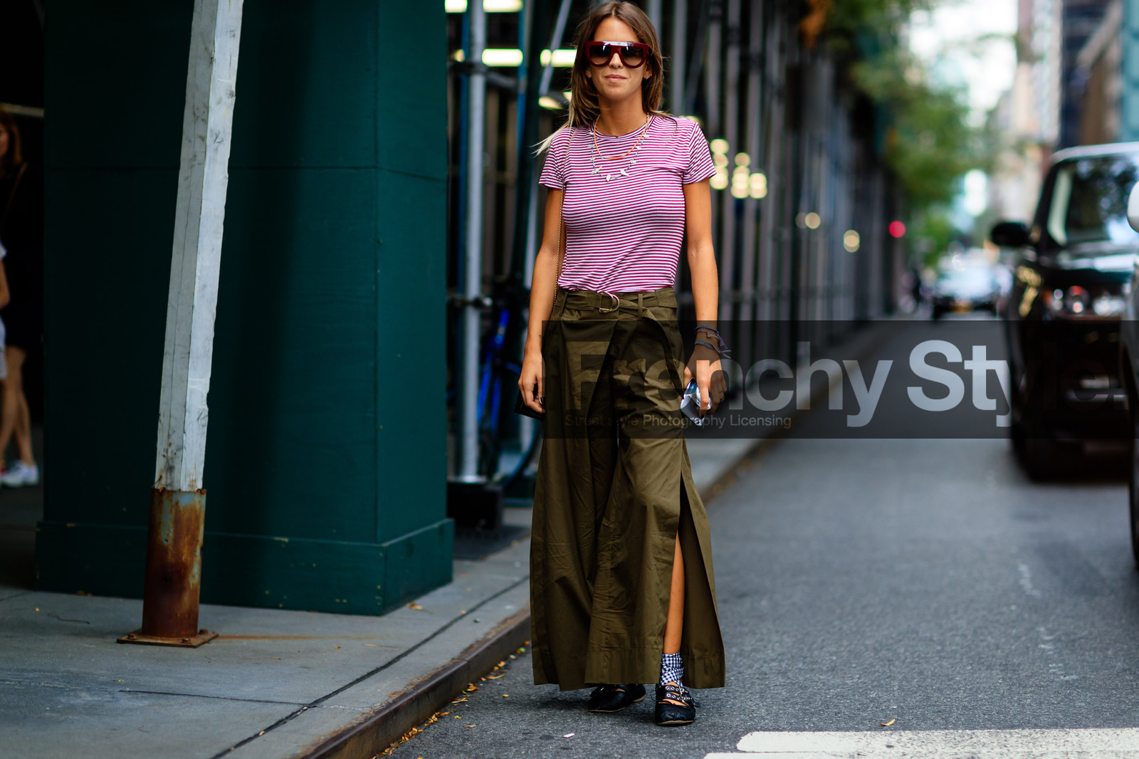 atmosphere details, ballerinas, black shoes, carola bernard, fashion week, frenchystyle, full length, FW, geometric, graphic top, green skirt, horizontal, jonathan paciullo, kaki skirt, leather shoes, necklace, NEW YORK, NYFW, red t shirt, SPRING SUMMER 2017, SS 17, street style, striped t shirt, stripes, sunglasses, woman