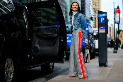 blue jacket, checked, denim jacket, graphic pants, grey pants, high heels, leather bag, leather shoes, plaid, printed pants, red shoes, striped pants, trousers, white bag, white sweater, street style, jonathan paciullo, FW, frenchystyle, fashion week, NYFW, NEW YORK, AUTUMN WINTER 2018-2019, AW 18-19, FALL WINTER 2018-2019, FW 18-19, atmosphere details, horizontal, full length, elizabeth von der goltz