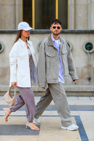 alice & j.s, alice barbier, JS roques, white cap, white leather jacket, white leather shirt, white leather bag, lacoste cap, sportswear, jogging pants, purple pants, prada bag, light beige bag, white top, cropped top, kitten heels sandals, multi straps sandals, rayban sunglasses, fashion week, frenchystyle, FW, jonathan paciullo, street style, SPRING SUMMER 2020, SS 20, PFW, PARIS, vertical, full length