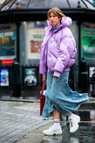 down jacket, green dress, leather bag, leather shoes, pink jacket, printed dress, red bag, white sneakers, street style, jonathan paciullo, FW, frenchystyle, fashion week, LFW, LONDON, AUTUMN WINTER 2018-2019, AW 18-19, FALL WINTER 2018-2019, FW 18-19, vertical, full length, Harriet Stewart