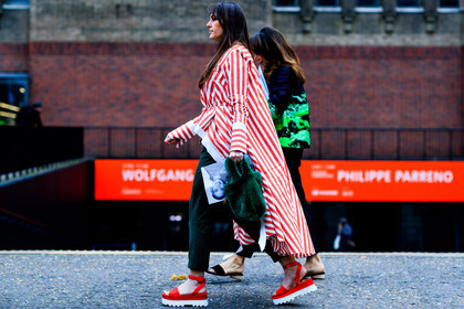 atmosphere details, AUTUMN WINTER 2017-2018, AW 17-18, black pants, FALL WINTER 2017-2018, fashion week, frenchystyle, full length, fur bag, FW, FW 17-18, graphic jacket, green bag, horizontal, jonathan paciullo, leather shoes, LFW, LONDON, miu miu, red jacket, red sandals, street style, striped jacket, trousers, wedges