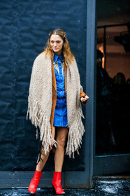 beige scarf, black bag, blue denim, brown coat, denim dress, fringes, high heels, leather bag, leather shoes, red boots, sofia sanchez barrenechea, sofia sanchez de betak, street style, jonathan paciullo, frenchystyle, NYFW, NEW YORK, AUTUMN WINTER 2019-2020, AW 19-20, FALL WINTER 2019-2020, FW 19-20, fashion week, FW, vertical, full length