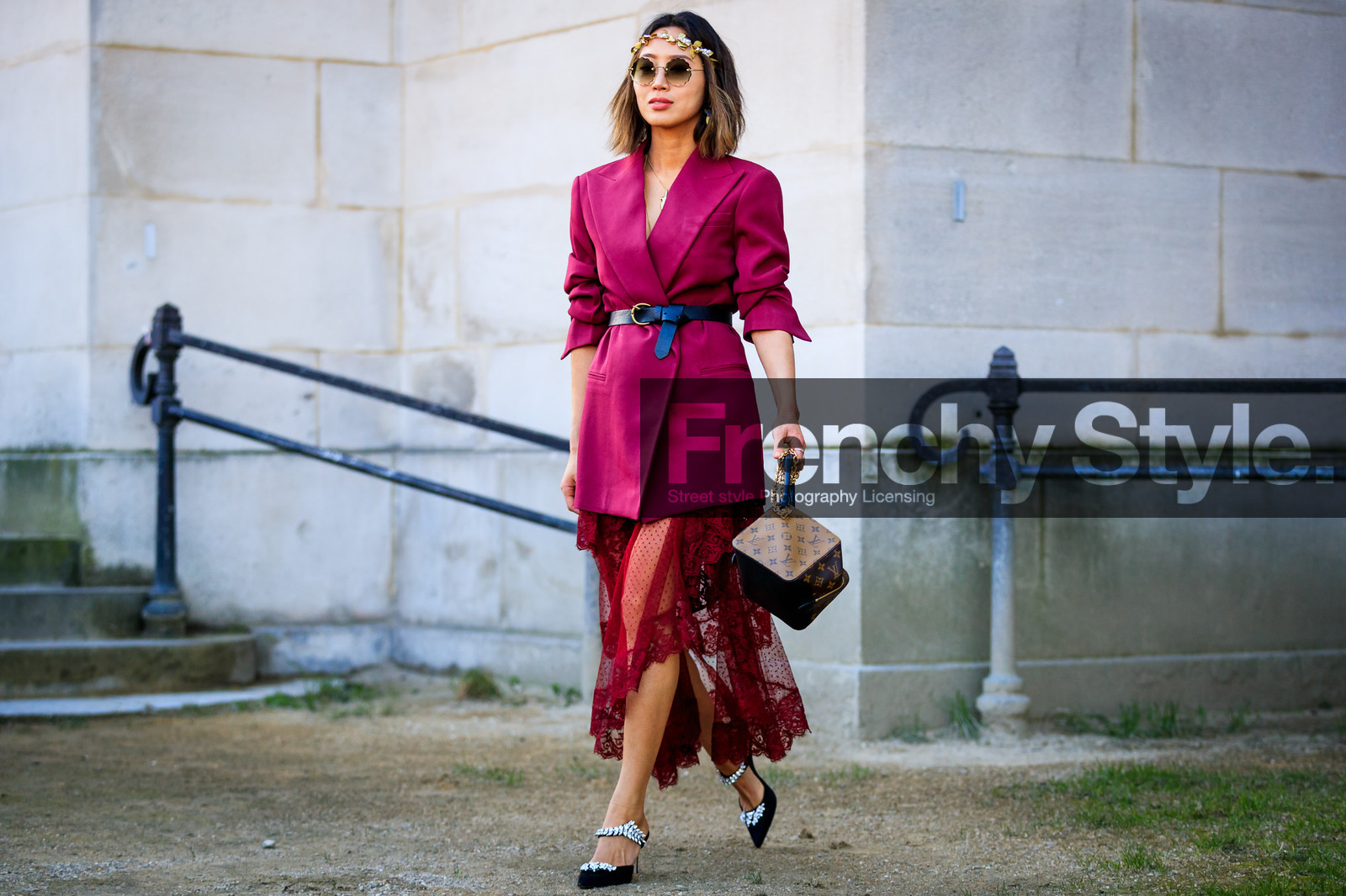 black and white shoes, black belt, black shoes, blazer, brown bag, graphic bag, headband, high heels, lace skirt, leather bag, leather belt, leather shoes, louis vuitton, monogram, pink jacket, printed bag, red skirt, satin stitch, sunglasses, street style, jonathan paciullo, FW, frenchystyle, fashion week, PFW, PARIS, AUTUMN WINTER 2018-2019, FALL WINTER 2018-2019, FW 18-19, horizontal, atmosphere details, full length, aimee song