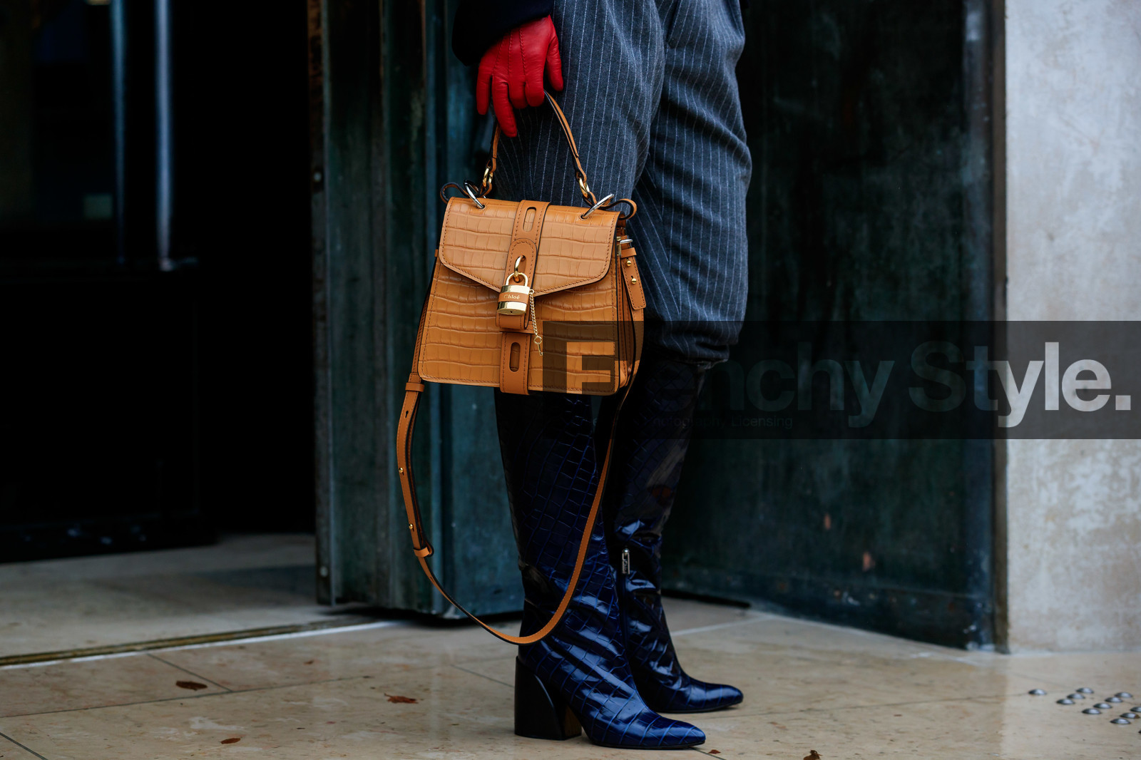 doina ciobanu, high boots, high heels boots, animal skin boots, navy blue leather boots, dark grey pants, carrot pants, red gloves, camel leather bag, chloe bag, animal skin bag, striped pants, fashion week, frenchystyle, FW, jonathan paciullo, street style, SPRING SUMMER 2020, SS 20, PFW, PARIS, horizontal, atmosphere details, detail