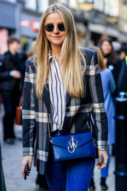 blazer, blue bag, blue denim, checked, denim pants, graphic jacket, graphic shirt, jeans, jw anderson, leather bag, plaid, printed jacket, printed shirt, striped shirt, sunglasses, tartan, trousers, white shirt, street style, jonathan paciullo, FW, frenchystyle, fashion week, LFW, LONDON, AUTUMN WINTER 2018-2019, AW 18-19, FALL WINTER 2018-2019, FW 18-19, vertical, atmosphere details, detail, Holly Russell