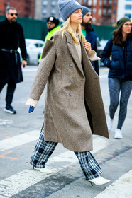 acne studios, brown coat, checked, cold shoulders, graphic pants, grey beanie, high heels, leather shoes, plaid, printed pants, tartan, trousers, white boots, street style, jonathan paciullo, frenchystyle, NYFW, NEW YORK, AUTUMN WINTER 2019-2020, AW 19-20, FALL WINTER 2019-2020, FW 19-20, fashion week, FW, vertical, full length