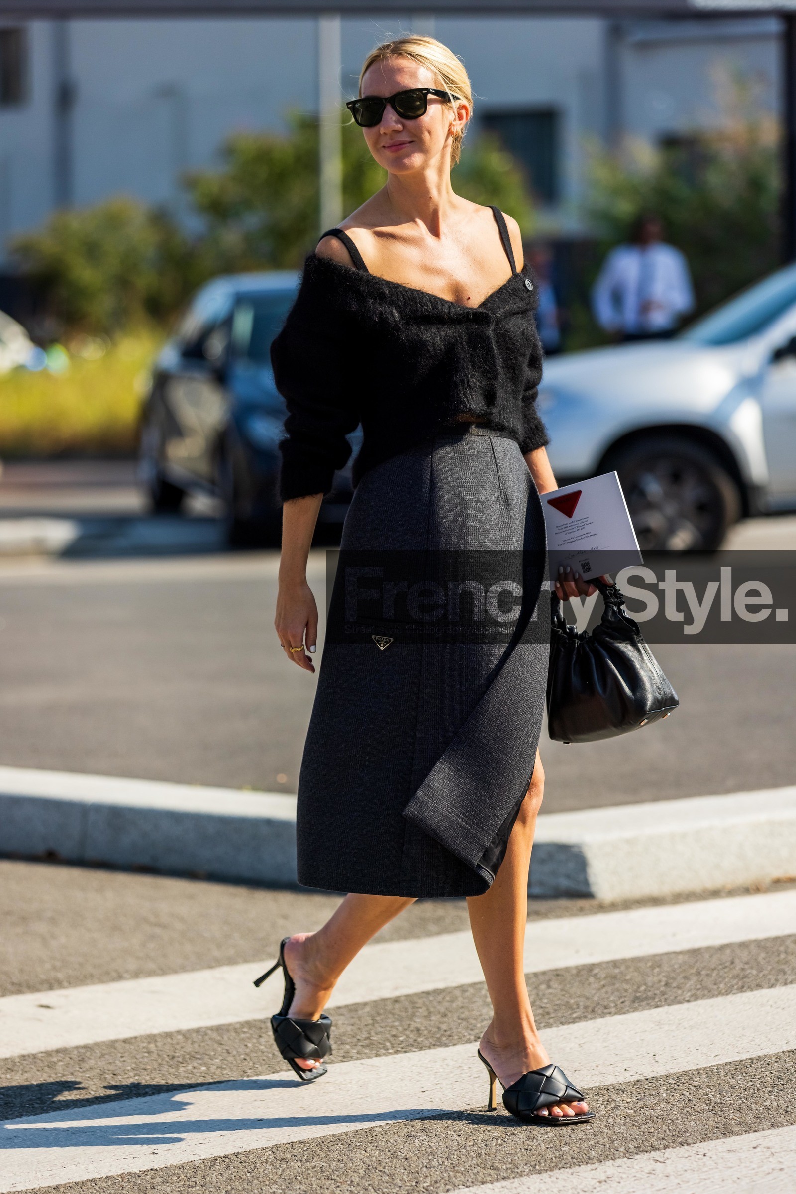 bag, black bag, black cardigan, black knit, black mules, black sandals, black sunglasses, bottega veneta shoes, grey skirt, leather bag, leather sandals, Lisa Aiken, mules, prada skirt, quilted sandals, skirt, split skirt, sunglasses, wool cardigan, wool skirt, fashion week, frenchystyle, FW, jonathan paciullo, street style, SPRING SUMMER 2022, SS 22, MFW, MILAN, vertical, full length