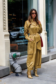 amina muaddi, beige jumpsuit, golden boots, high heels, jen wonders, leather bag, leather jumpsuit, leather shoes, shiny boots, sunglasses, trousers, street style, jonathan paciullo, FW, frenchystyle, fashion week, NEW YORK, NYFW, SPRING SUMMER 2020, SS 20, vertical, full length