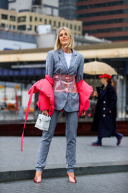 blazer, checked, checked jacket, corset, down jacket, graphic jacket, graphic pants, graphic shoes, grey jacket, grey pants, high heels, leather bag, leather shoes, off the shoulder, pink belt, pink jacket, pink shoes, plaid, printed jacket, printed pants, tartan, trousers, white bag, white t shirt, street style, jonathan paciullo, FW, frenchystyle, fashion week, NYFW, NEW YORK, AUTUMN WINTER 2018-2019, AW 18-19, FALL WINTER 2018-2019, FW 18-19, vertical, full length, sofie valkiers