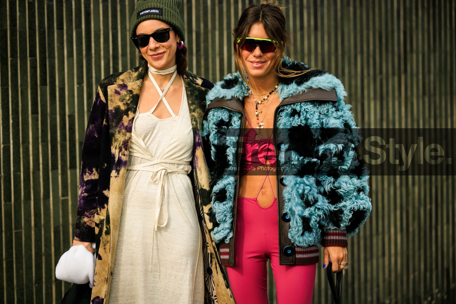 printed trench, mutlicolor trench, chunky shoes, lpunk look, cut out top, cut out dress, green beanie, black sunglasses, ski sunglasses, pink sunglasses, furry jacket, fluffy jacket, dual toned jacket, winter jacket, blue jacket, loops, closeup, street style, jonathan paciullo, FW, frenchystyle, fashion week, MFW, MILAN, FALL WINTER 2022_2023, AUTUMN WINTER 2022-2023, FW 22-23, horizontal, atmosphere details