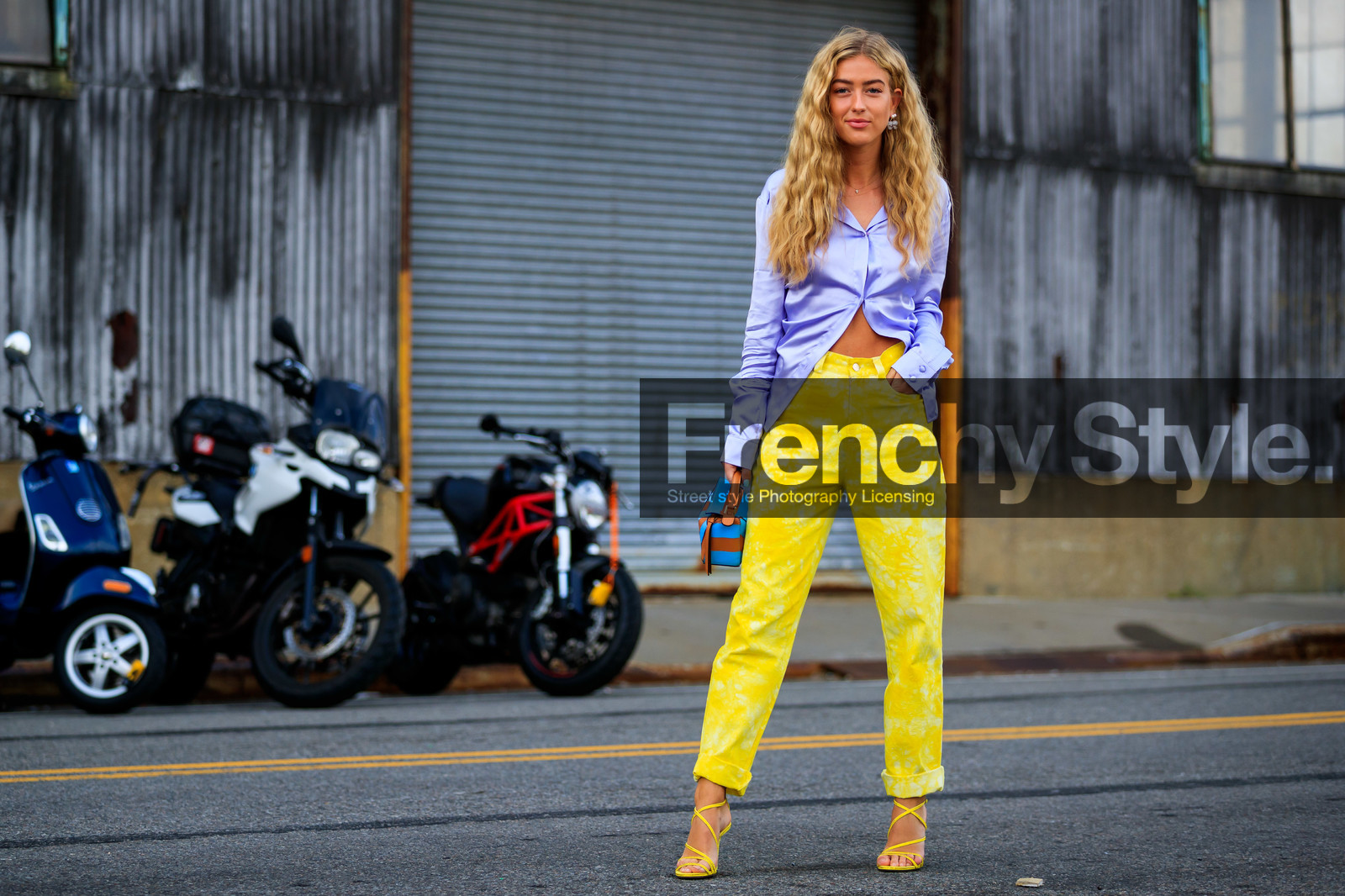 blue bag, brown bag, emili sindlev, graphic bag, high heels, leather bag, leather shoes, loewe, printed bag, printed pants, purple shirt, striped bag, trousers, yellow pants, yellow shoes, street style, jonathan paciullo, FW, frenchystyle, fashion week, NEW YORK, NYFW, SPRING SUMMER 2020, SS 20, horizontal, atmosphere details, full length