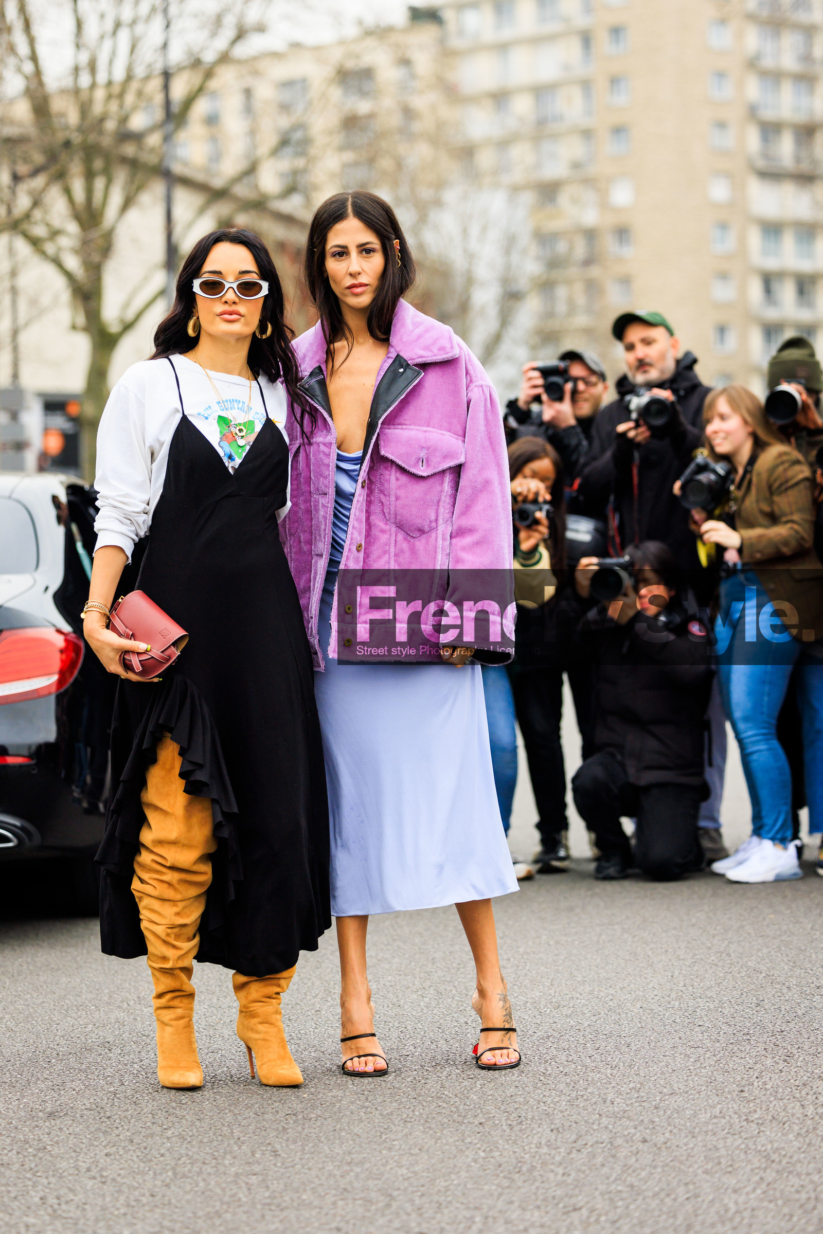 purple jacket, velvet jacket, purple skirt, midi skirt, loewe sandals, black sandals, mini bag, fluo green bag, printed sweat, white sweatshirt, black dress, loewe bag, burgundy bag, multiple bracelets, white sunglasses, highknee boots, mustard yellow boots, amina muaddi, gilda ambrosio, street style, jonathan paciullo, FW, frenchystyle, fashion week, AUTUMN WINTER 2022-2023, FALL WINTER 2022_2023, FW 22-23, PFW, PARIS, full length, vertical