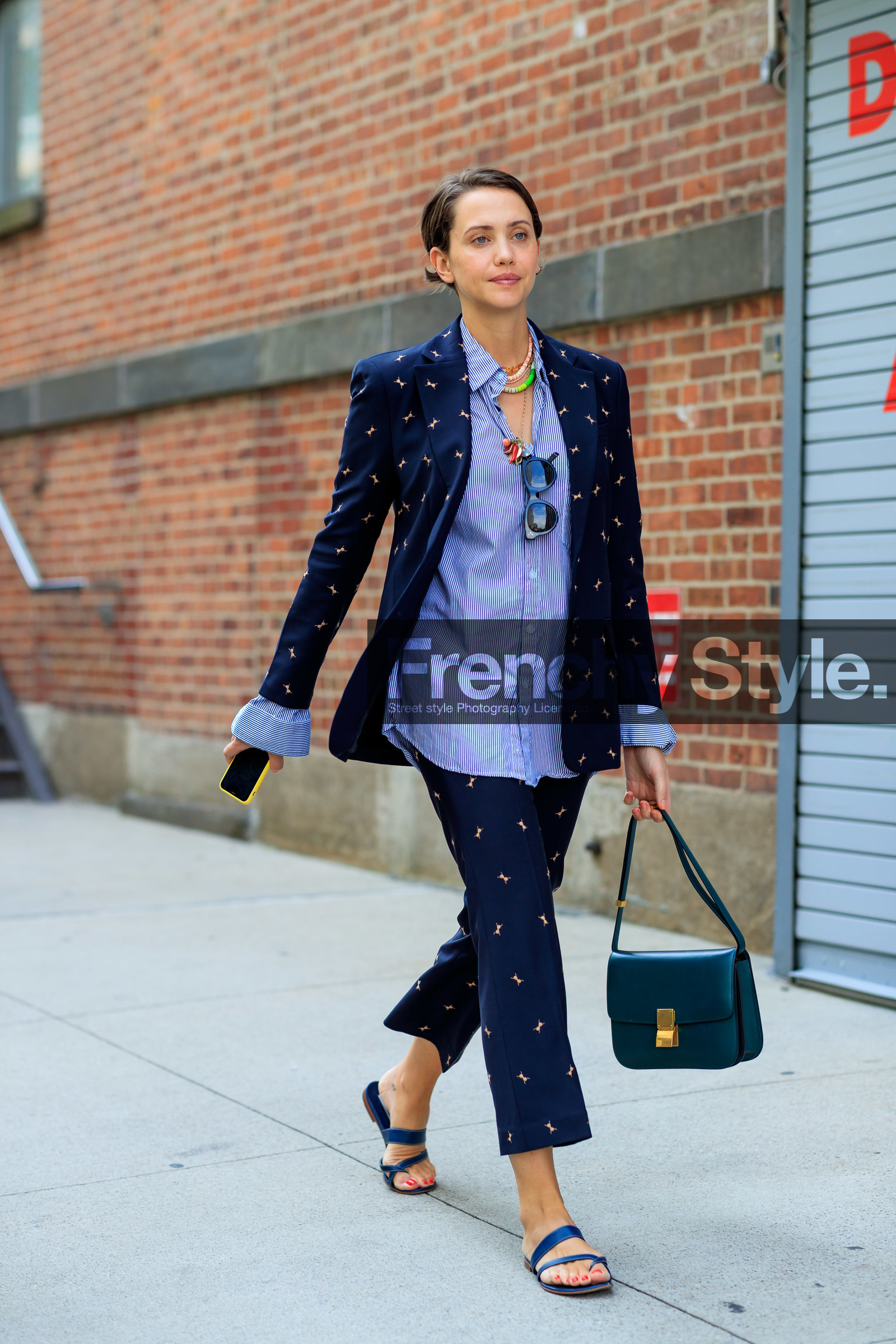 black shoes, blue pants, blue shirt, céline, embroidered jacket, emerald, graphic jacket, graphic pants, green bag, laurel pantin, leather shoes, navy jacket, necklace, printed jacket, printed pants, striped shirt, trousers, street style, jonathan paciullo, FW, frenchystyle, fashion week, NEW YORK, NYFW, SPRING SUMMER 2020, SS 20, vertical, full length