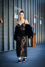 feather coat, black coat, high bow hair, embroidered dress, english broderies dress, black longdress, lena mahfouf, street style, jonathan paciullo, FW, frenchystyle, fashion week, MFW, MILAN, FALL WINTER 2022_2023, AUTUMN WINTER 2022-2023, FW 22-23, vertical, full length