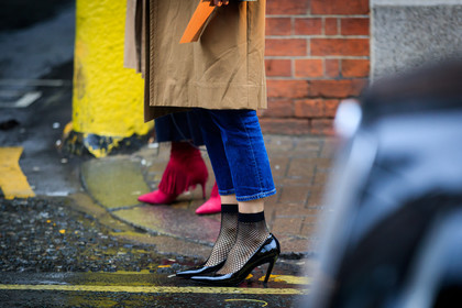 black shoes, black socks, blue denim, denim pants, fishnet, high heels, jeans, leather shoes, trousers, street style, jonathan paciullo, FW, frenchystyle, fashion week, LFW, LONDON, AUTUMN WINTER 2018-2019, AW 18-19, FALL WINTER 2018-2019, FW 18-19, horizontal, atmosphere details, detail