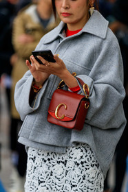 chloe bag, red leather bag, hand bag, chloe shirt, chloe skirt, light grey skirt, lace skirt, white skirt, oversize shirt, fashion week, frenchystyle, FW, jonathan paciullo, street style, SPRING SUMMER 2020, SS 20, PFW, PARIS, vertical, atmosphere details, detail
