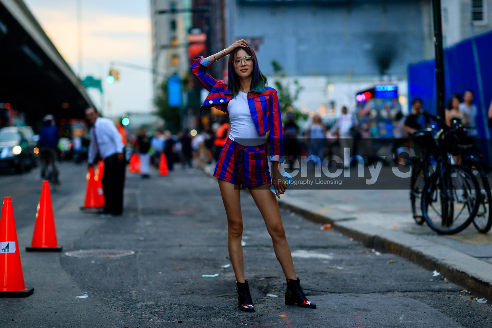 atmosphere details, black boots, blue, denim jacket, denim shorts, dyed hair, fashion week, frenchystyle, full length, FW, geometric, graphic jacket, graphic shorts, horizontal, iphone, irene kim, jonathan paciullo, leather boots, NEW YORK, NYFW, printed jacket, printed shorts, red, SPRING SUMMER 2017, SS 17, stars, street style, striped jacket, striped shorts, stripes, white, white t shirt, white tank top, white top, woman