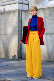 blue sweater, brown bag, leather bag, red jacket, red lips, short hair, trousers, yellow pants, street style, jonathan paciullo, FW, frenchystyle, fashion week, LFW, LONDON, AUTUMN WINTER 2018-2019, AW 18-19, FALL WINTER 2018-2019, FW 18-19, vertical, full length