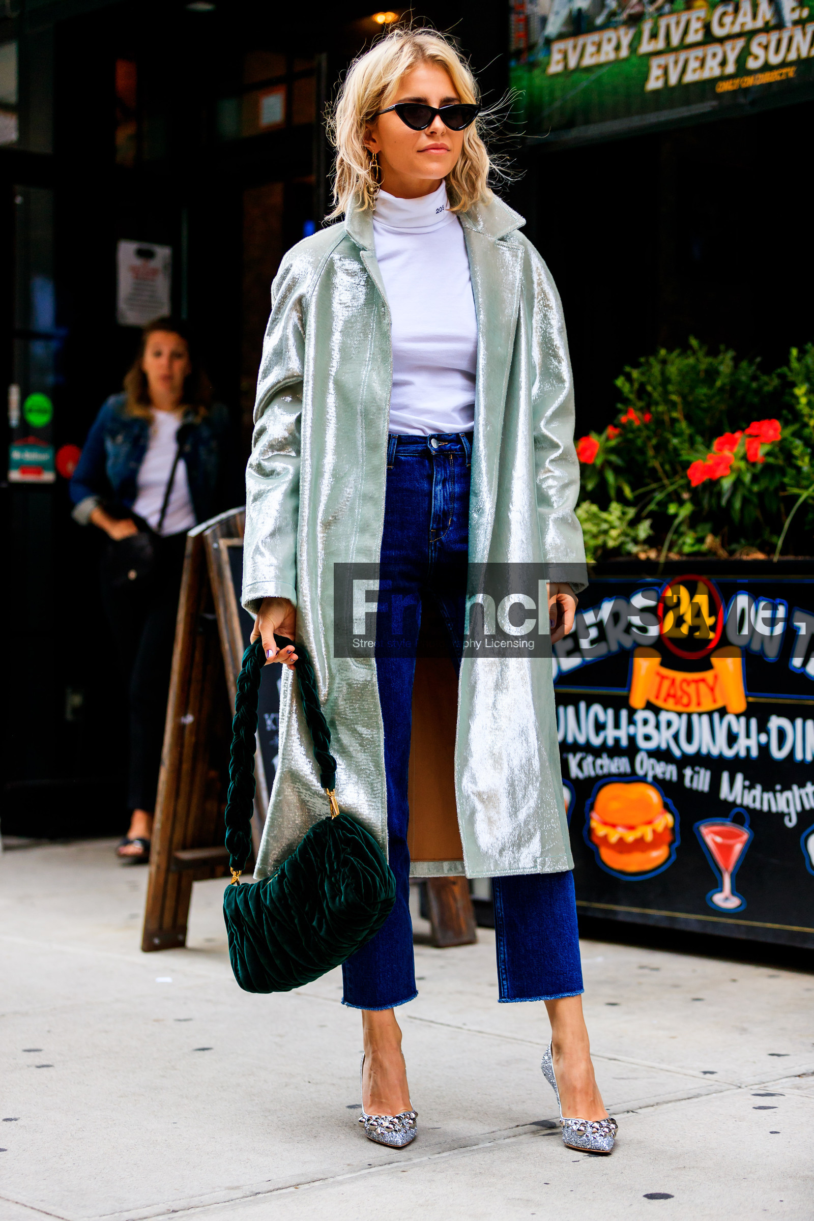 blue denim, calvin klein, caro daur, denim pants, earrings, fashion week, frenchystyle, full length, FW, green bag, high heels, jeans, jonathan paciullo, leather bag, leather shoes, miu miu, NEW YORK, NYFW, shiny coat, shiny shoes, silver coat, silver shoes, SPRING SUMMER 2018, SS 18, street style, studs, sunglasses, trousers, velvet, vertical, white sweater