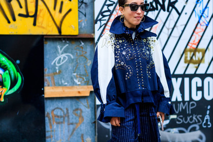 atmosphere details, AUTUMN WINTER 2017-2018, AW 17-18, blue jacket, blue pants, detail, embroidered jacket, embroideries, FALL WINTER 2017-2018, fashion week, frenchystyle, FW, FW 17-18, graphic jacket, horizontal, jonathan paciullo, LFW, LONDON, street style, striped pants, studs, sunglasses, trousers, wide pants