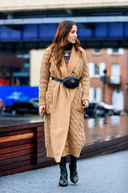beige cardigan, black bag, black shoes, camel jacket, fanny pack, fendi, gucci, high heels, leather bag, leather shoes, street style, jonathan paciullo, FW, frenchystyle, fashion week, NYFW, NEW YORK, AUTUMN WINTER 2018-2019, AW 18-19, FALL WINTER 2018-2019, FW 18-19, vertical, full length, tamara kalinic