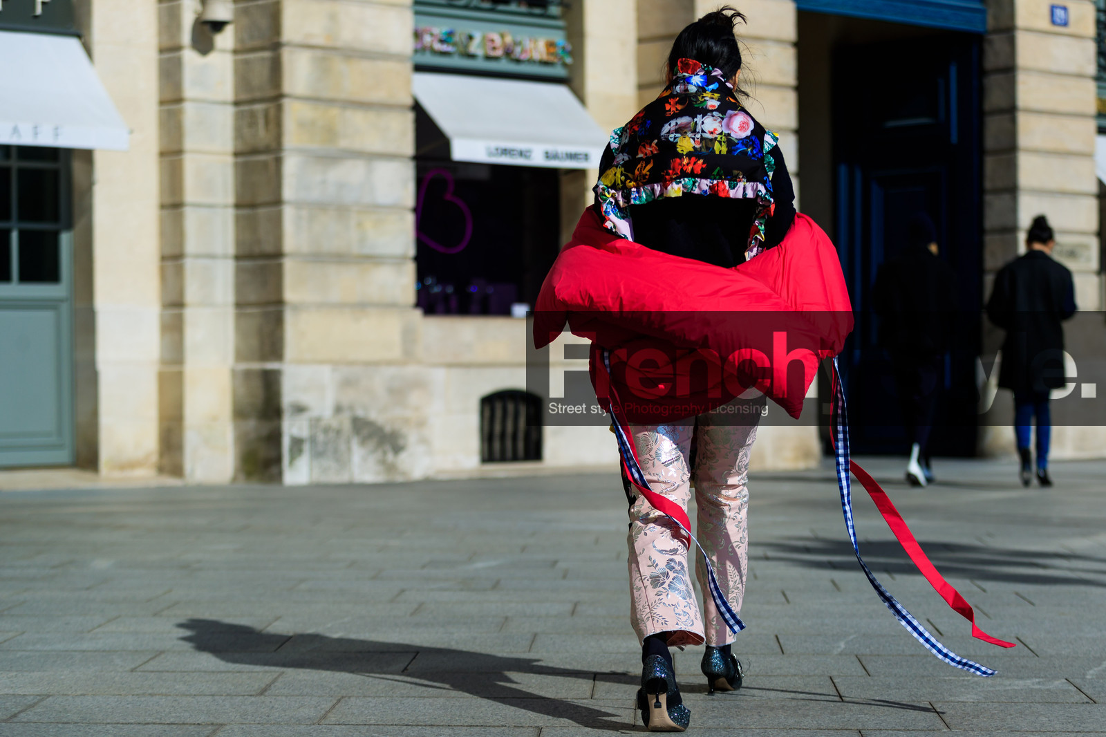 black shirt, black shoes, down jacket, floral, flowers, graphic jacket, graphic pants, high heels, leather shoes, miu miu, multicolor shirt, off the shoulder, pink pants, printed jacket, printed pants, printed shirt, red jacket, shiny shoes, trousers, street style, jonathan paciullo, FW, frenchystyle, fashion week, PFW, PARIS, AUTUMN WINTER 2018-2019, FALL WINTER 2018-2019, FW 18-19, horizontal, atmosphere details, full length, susie lau