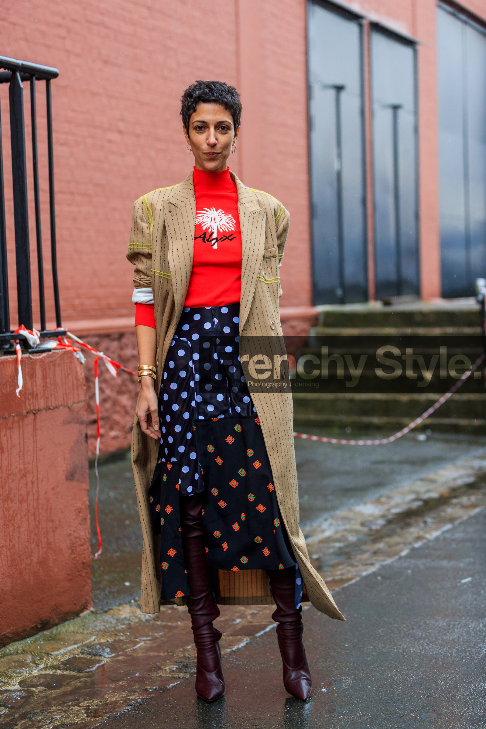 alyx studio, beige coat, blue skirt, bordeaux, burgundy, graphic jacket, graphic skirt, high boots, high heels, leather shoes, polka dot, printed jacket, printed skirt, red boots, red sweater, striped coat, street style, jonathan paciullo, FW, frenchystyle, fashion week, PFW, PARIS, AUTUMN WINTER 2018-2019, FALL WINTER 2018-2019, FW 18-19, vertical, full length, yasmin sewell