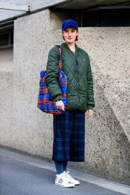 blue cap, checked, graphic bag, graphic pants, green jacket, jw anderson, lacoste, leather bag, leather shoes, multicolor bag, plaid, printed bag, printed pants, studs, tartan, trousers, white sneakers, street style, jonathan paciullo, FW, frenchystyle, fashion week, LFW, LONDON, AUTUMN WINTER 2018-2019, AW 18-19, FALL WINTER 2018-2019, FW 18-19, vertical, full length