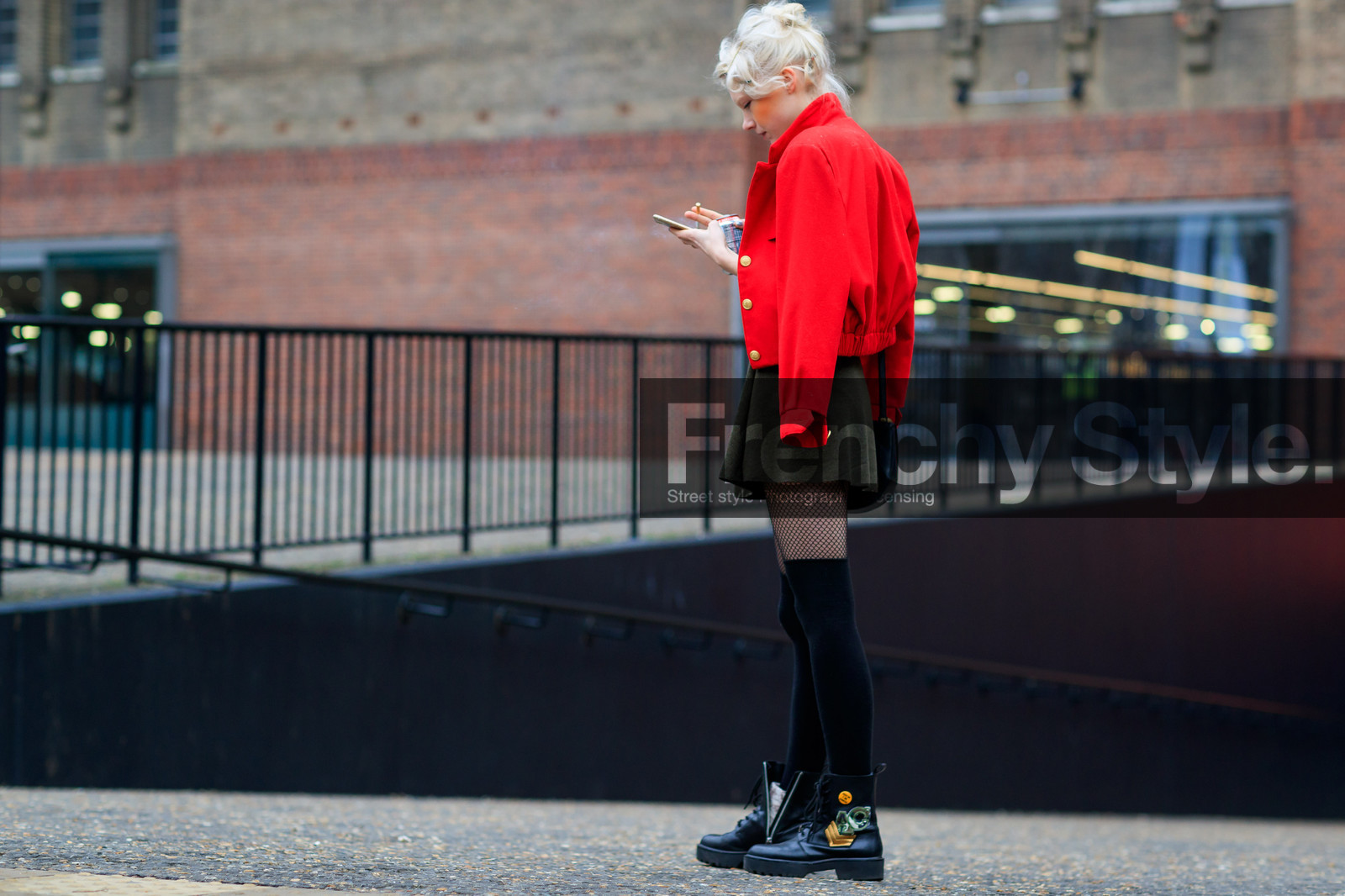 atmosphere details, AUTUMN WINTER 2017-2018, AW 17-18, black boots, black shoes, black socks, FALL WINTER 2017-2018, fashion week, fishnet, frenchystyle, full length, FW, FW 17-18, green skirt, high socks, horizontal, jonathan paciullo, leather shoes, LFW, LONDON, model, over the shoulder, red jacket, street style, tights