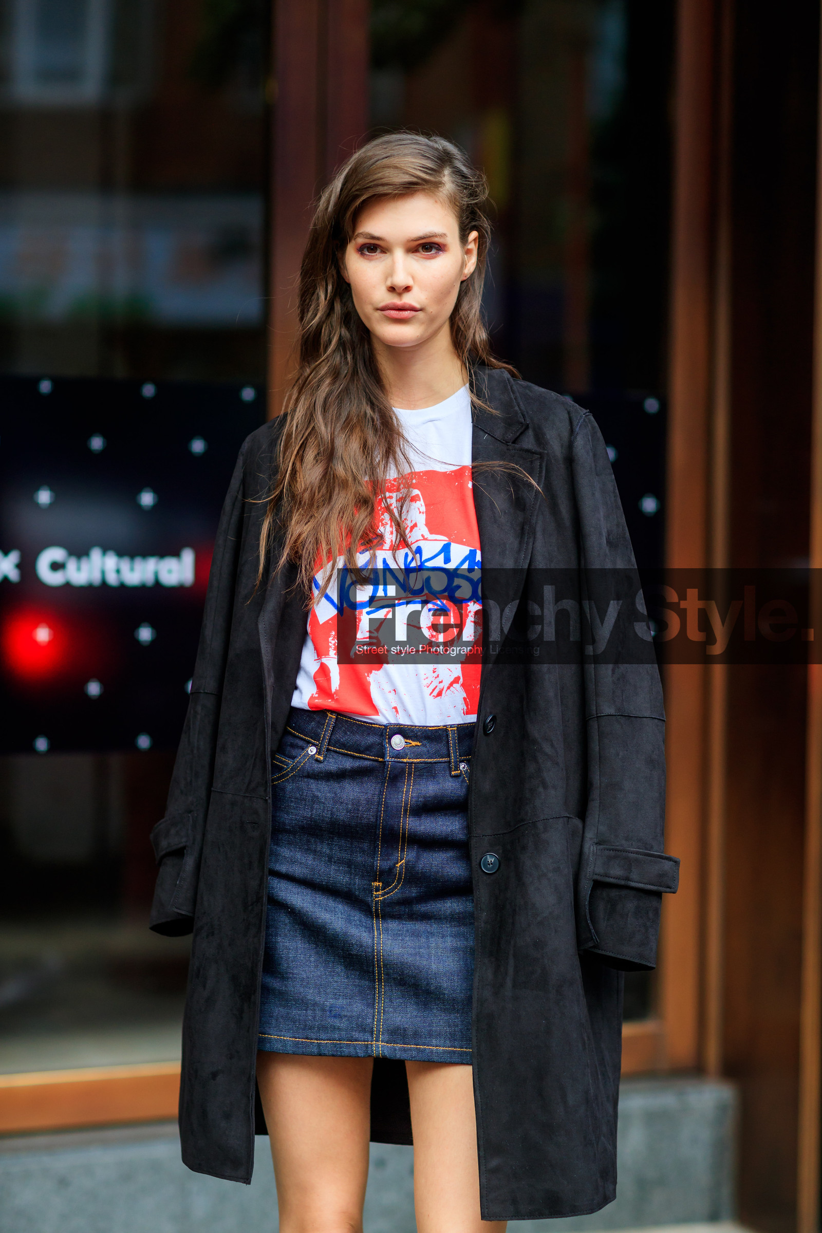atmosphere details, black jacket, blue denim, denim skirt, detail, fashion week, frenchystyle, FW, jonathan paciullo, leather coat, LFW, LONDON, model, printed shirt, SPRING SUMMER 2018, SS 18, street style, vanessa moody, vertical, white t shirt